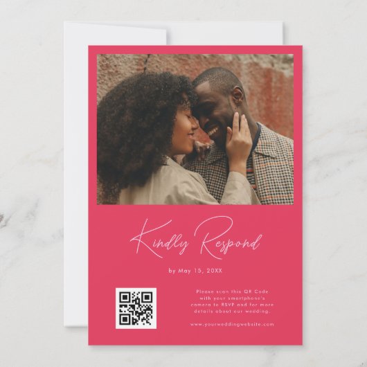 Bold Retro Wave Pink and Red Photo QR Code Weddens Kaart (Achterkant)