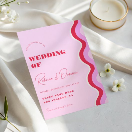 Bold Retro Wave Pink and Red Photo QR Code Weddens Kaart