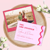 Bold Retro Wavy Curvy Stripes Pink and Red Wedding Kaart