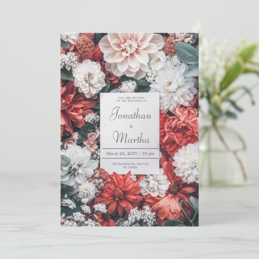 Bold Rood & Witte Tuin Bloom Huwelijksuitnodiging Kaart (Staand voorkant)