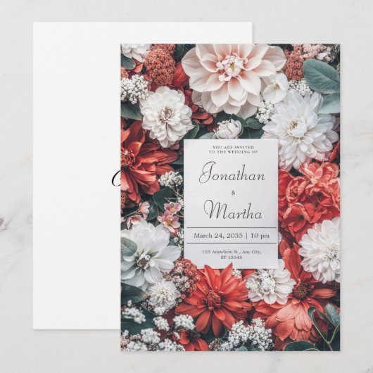 Bold Rood & Witte Tuin Bloom Huwelijksuitnodiging Kaart (Voorkant / Achterkant)