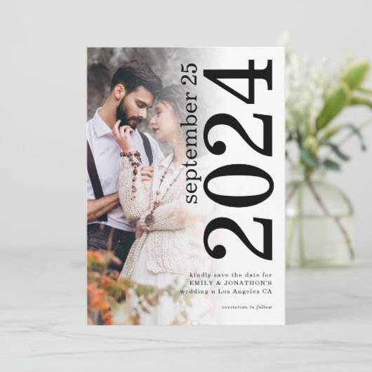 Bold Rotated Typography Photo Overlay Wedding Save The Date (Staand voorkant)