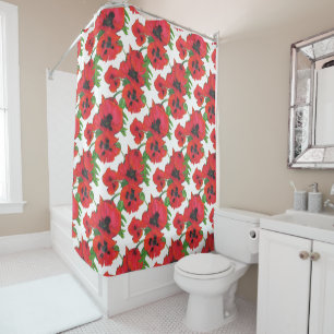 Bold Scarlet Oriental Poppies Pattern on White Douchegordijn