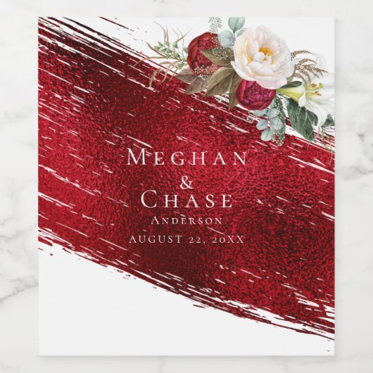 Bold Scarlet Red Brush Stroke Crimson Floral Wijn Etiket (Enkel label)