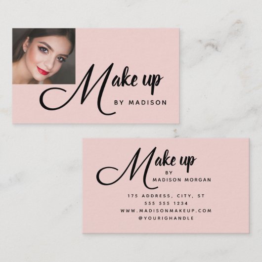 Bold Script Blush Pink Photo Makeup Business Card Visitekaartje (Voorkant / Achterkant)