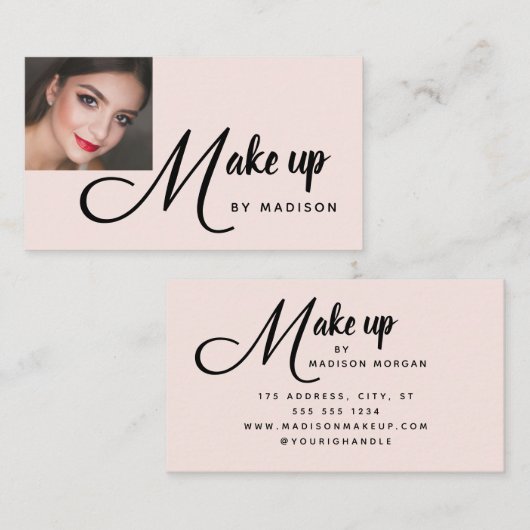 Bold Script Blush Pink Photo Makeup Business Card Visitekaartje (Voorkant / Achterkant)