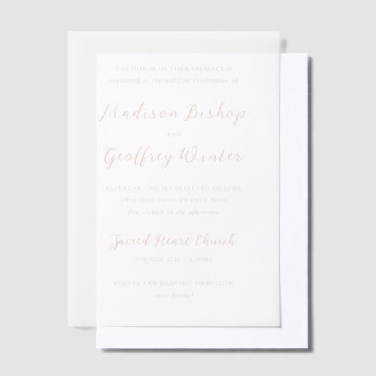 Bold Script Peach Elegant Wedding Vellum Uitnodigingen (Offset)