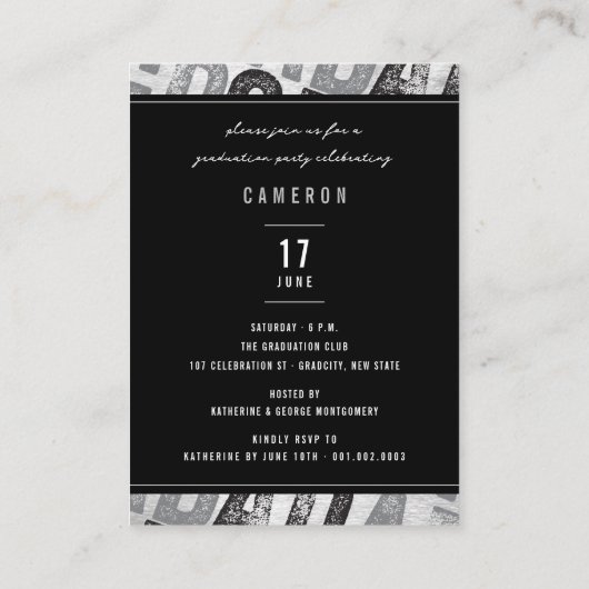 Bold Silver AFSTUDEERDER Stijlvolle Graduation Par Informatiekaartje (Achterkant)