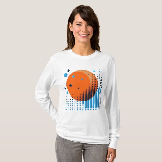 Bold Sinaasappel Circle & Fading Blue Dot Grid Dam T-shirt (Voorkant volledig)
