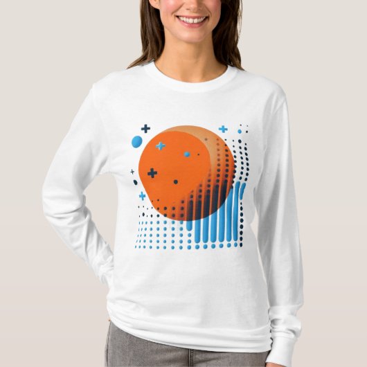Bold Sinaasappel Circle & Fading Blue Dot Grid Dam T-shirt (Voorkant)