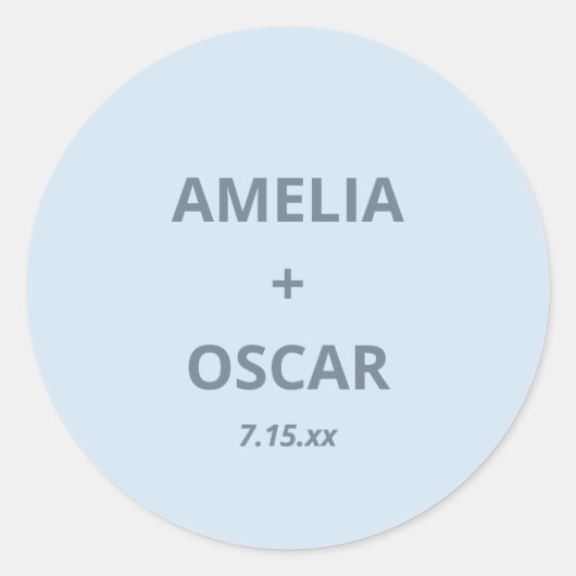 Bold Soft Blue Modern Wedding Names Date Custom Ronde Sticker (Voorkant)
