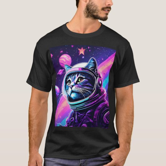 Bold Space Cat Adventure - Retro Vaporwave Galaxy T-shirt (Voorkant)