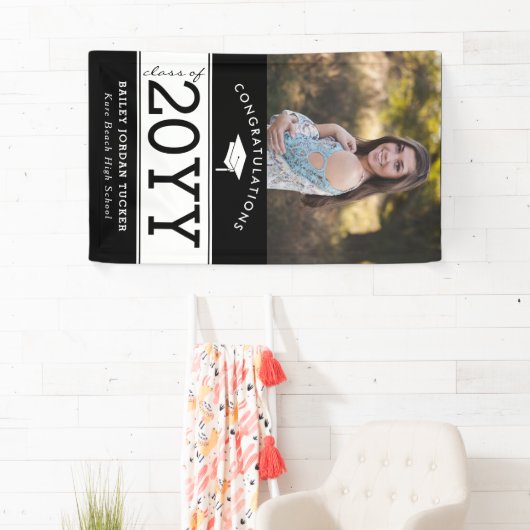 Bold Sporty Black en White Photo Afstuderen Spandoek (Insitu)