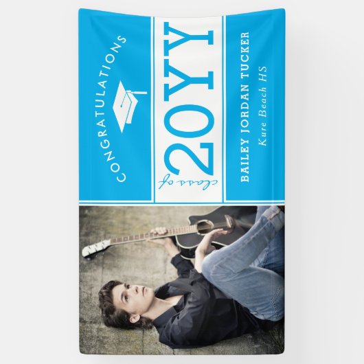 Bold Sporty Sky Blue Photo Afstuderen Spandoek (Verticaal)