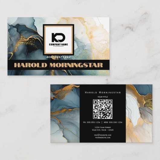 BOLD Square Logo en QR Code Indigo Gold Fluid Ink Visitekaartje (Voorkant / Achterkant)