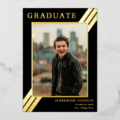 Bold Stripes Afstuderen Foto Zwart en Goud Folie Uitnodiging (Voorkant)