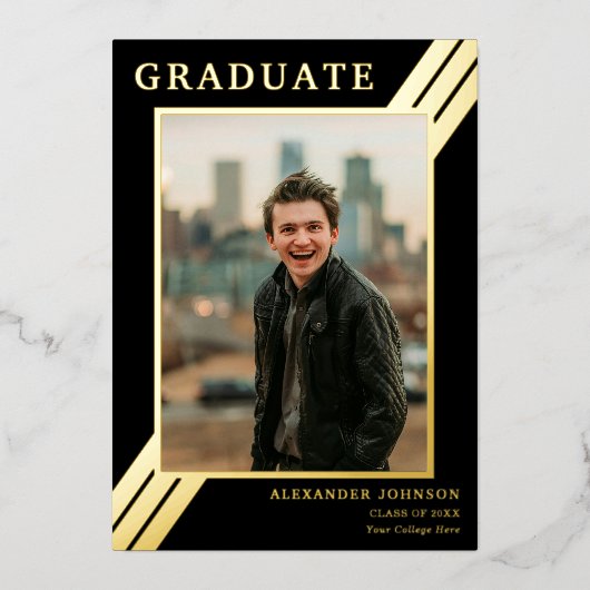 Bold Stripes Afstuderen Foto Zwart en Goud Folie Uitnodiging (Voorkant)
