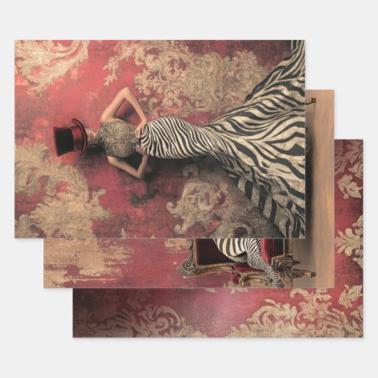 Bold Stripes Zebra Print Dark Circus Damask Patina Inpakpapier Vel (Set)