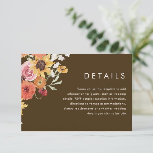 Bold Summer Boho Floral Modern Wedding Details Informatiekaartje (Staand voorkant)