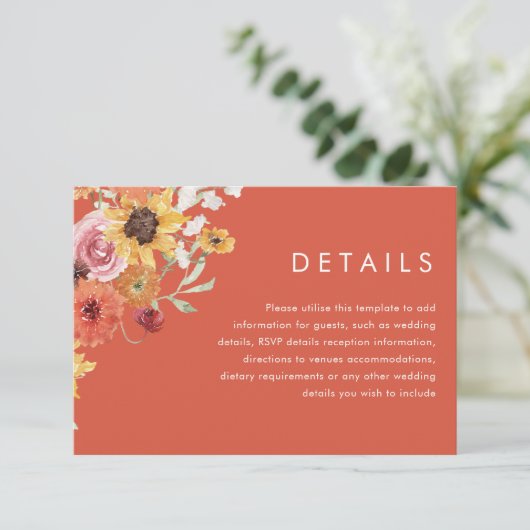Bold Summer Floral Modern Wedding Details Informatiekaartje (Staand voorkant)