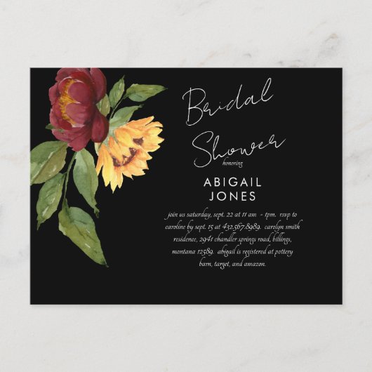 Bold Sunflower Black Bridal Shower Invitation Briefkaart (Voorkant)