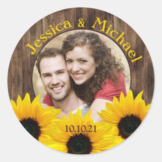 Bold Sunflower Wood Foto Weddenschap Save the Date Ronde Sticker (Voorkant)