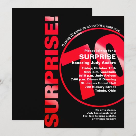 Bold Surprise Birthday Invitation - Red 70th Kaart (Voorkant / Achterkant)