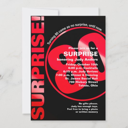 Bold Surprise Birthday Invitation - Red 80th Kaart (Voorkant)
