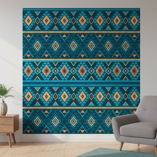 Bold Teal and Orange Aztec Geometric Tribal Patter Behang