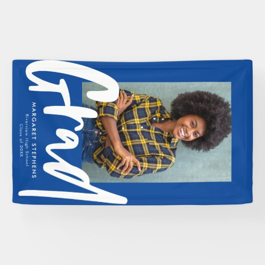 Bold trendy afstudeerder blauw afstuderen fotobann spandoek (Horizontaal)