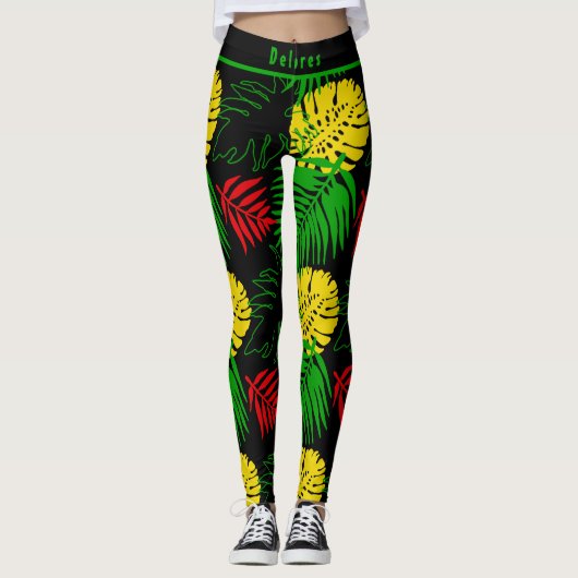 Bold Tropical Botanical Palm Leaves Pattern Leggings (Voorkant)
