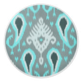 Bold Turquoise Blue Grey Ikat Tribal Art Pattern Keramische Knop (Voorkant)