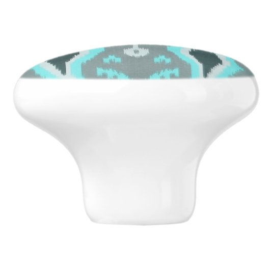 Bold Turquoise Blue Grey Ikat Tribal Art Pattern Keramische Knop (Zijkant)