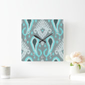 Bold Turquoise Blue Grey Ikat Tribal Art Pattern Vierkante Klok (Huis)