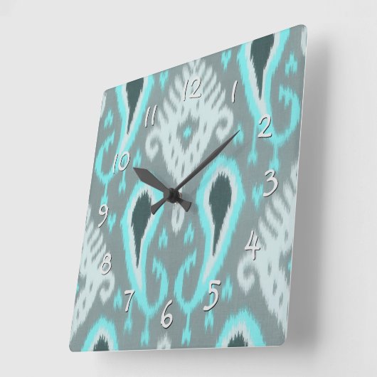 Bold Turquoise Blue Grey Ikat Tribal Art Pattern Vierkante Klok (Hoek)