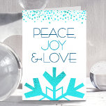Bold Turquoise Snowflake Peace Joy Love Typography Feestdagen Kaart<br><div class="desc">"Vrede, vreugde en liefde." Een gigantische, leuke, speelse, turquoise faux folie-sneeuwvlokillustratie en moderne typografie op een witte achtergrond helpen je het vakantieseizoen te gebruiken. Een turquoise confetti stip grens lijsten de top. Uw gepersonaliseerde groet wordt gevonden op de binnenkant. Voel de warmte en de vreugde van de feestdagen wanneer je...</div>