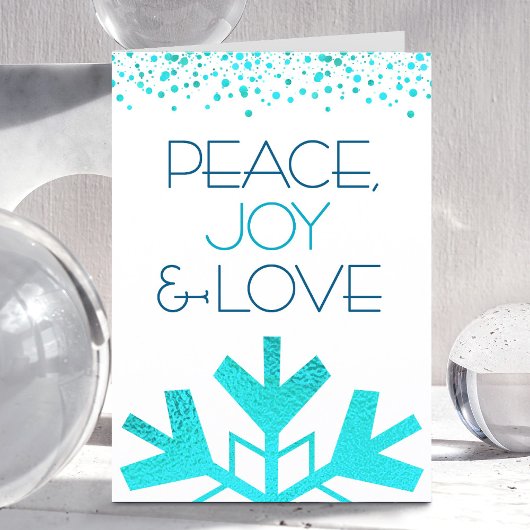 Bold Turquoise Snowflake Peace Joy Love Typography Feestdagen Kaart