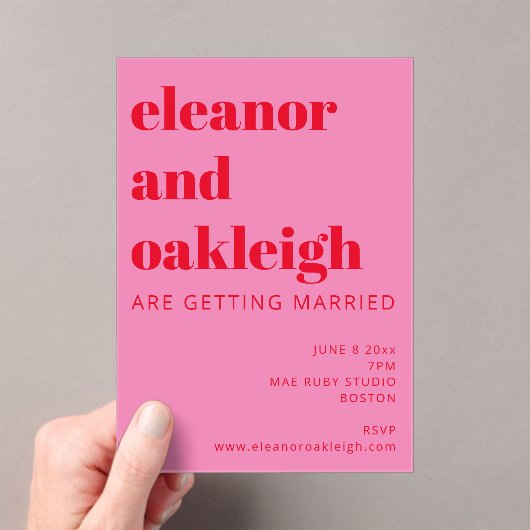 Bold Typografie Bright Pink en Red Modern Wedding Acryl Uitnodigingen (Insitu (Draagbaar))