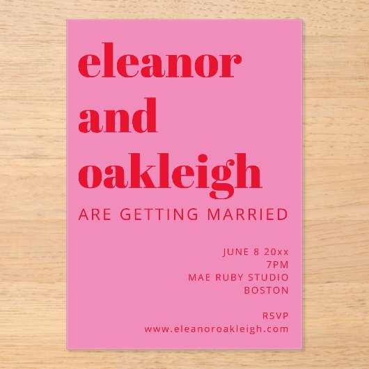 Bold Typografie Bright Pink en Red Modern Wedding Acryl Uitnodigingen (Voorkant)