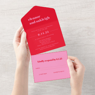 Bold Typografie Bright Pink en Red Modern Wedding All In One Uitnodiging