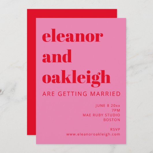 Bold Typografie Bright Pink en Red Modern Wedding Kaart (Voorkant / Achterkant)