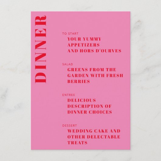 Bold Typografie Bright Pink en Red Modern Wedding Menu (Voorkant)