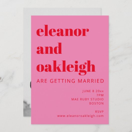 Bold Typografie Bright Pink Red Photo Wedding Kaart (Voorkant / Achterkant)