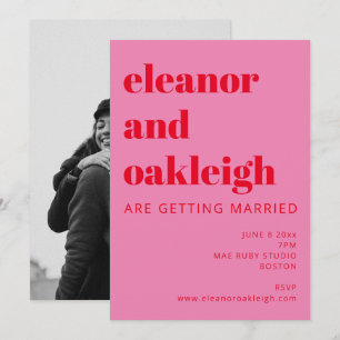 Bold Typografie Bright Pink Red Photo Wedding Kaart