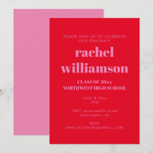 Bold Typografie Bright Roze Red Graduparty Kaart (Voorkant / Achterkant)