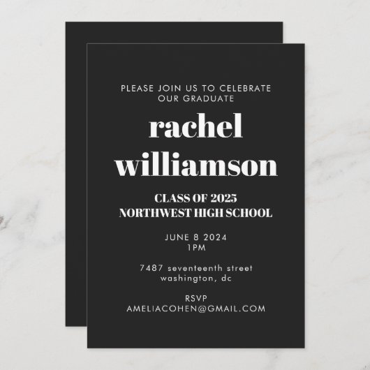 Bold Typography Black and White Graduparty Kaart (Voorkant / Achterkant)