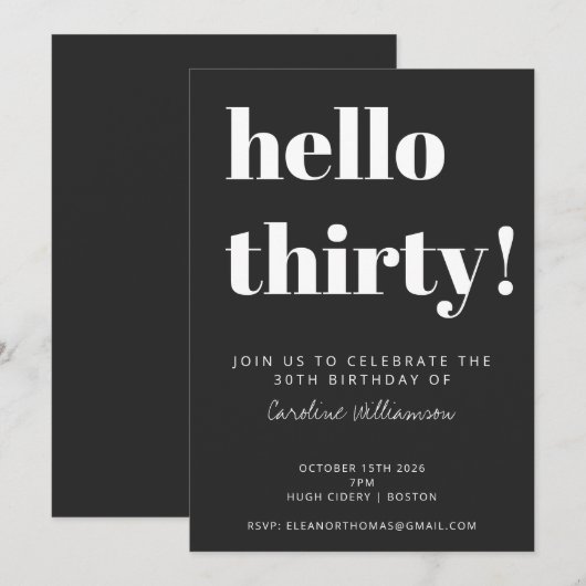 Bold Typography Black Modern 30th Birthday Party Kaart (Voorkant / Achterkant)
