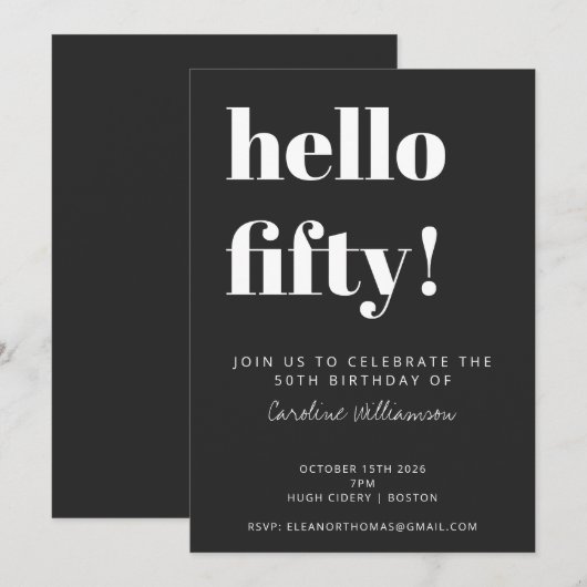 Bold Typography Black Modern 50th Birthday Party Kaart (Voorkant / Achterkant)