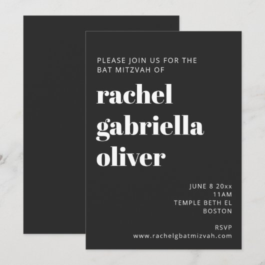 Bold Typography Black Modern Bat Mitzvah Kaart (Voorkant / Achterkant)