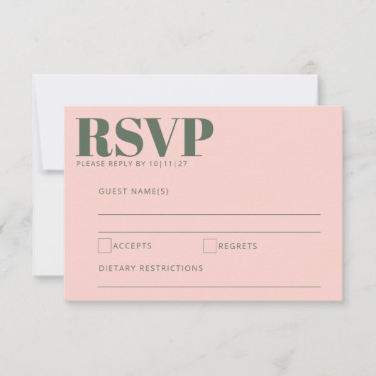 Bold Typography Blush Pink Green Modern Wedding RSVP Kaartje (Voorkant)
